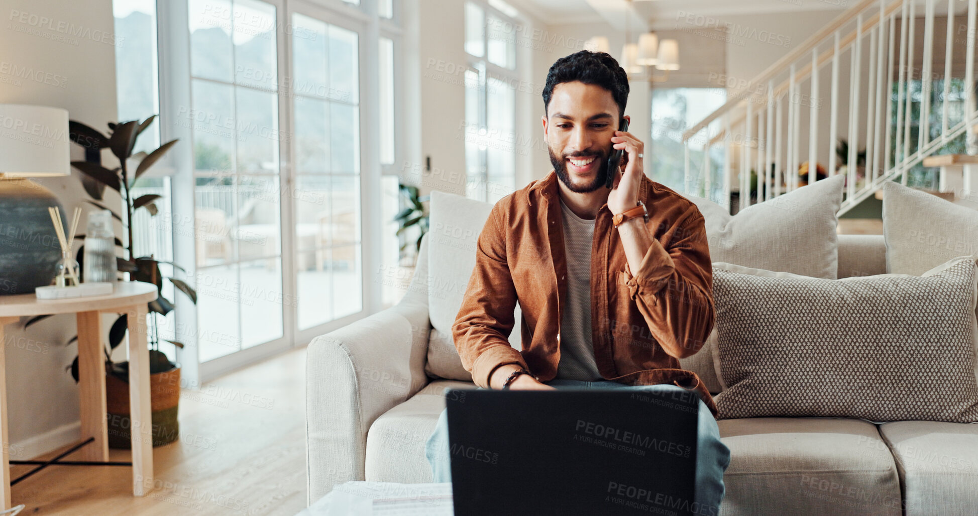 Buy stock photo Phone call, online and man with laptop, talking and freelancer with invoice for contact and home. Remote work, graphic designer and person with tech for communication, discussion and payment term