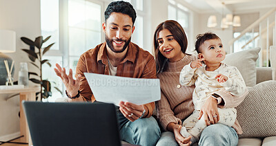 Buy stock photo Finance, family and document in home for savings, budget and investment on laptop with baby child. Happy mother, father and reading paper in living room for loan approval, tax return and insurance