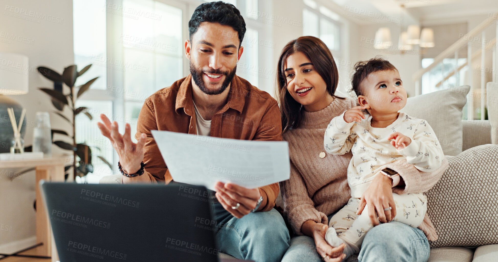 Buy stock photo Finance, family and document in home for savings, budget and investment on laptop with baby child. Happy mother, father and reading paper in living room for loan approval, tax return and insurance