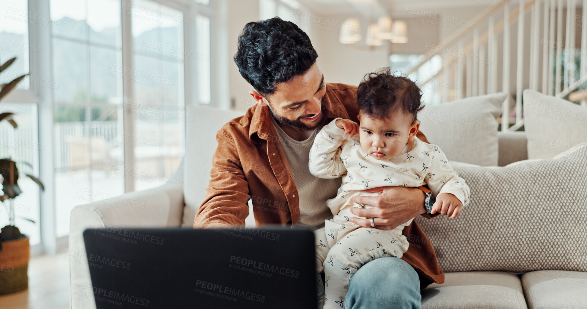 Buy stock photo Smile, father and laptop with baby at house for multitasking, financial planning and remote work. Man, bonding and child with online research, finance report and schedule update for proposal feedback
