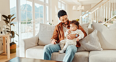 Buy stock photo Bonding, happy or love with baby and dad on sofa in living room of home together for child development. Safety, smile or trust with single parent man and teething infant in apartment for growth