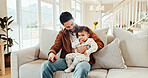 Bonding, love or smile with baby and dad on sofa in living room of home together for child development. Happy, safety or trust with single parent man and teething infant in apartment for growth