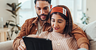 Buy stock photo Bonding, smile and couple with tablet, entertainment and subscription to app for streaming and online. Happy, woman and man with movies in living room, watching and people with tech for date in house