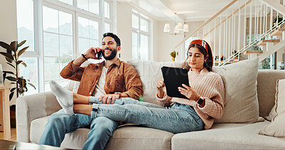 Buy stock photo Sofa, couple and phone call with tablet for relax, online communication and conversation with contact. Home, happy man and woman with technology for chat, social media or bonding together in marriage