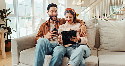 Buy stock photo Bonding, excited and couple with tablet, home and subscription to app for entertainment and online. Happy, woman and man with movies in living room, watching and people with tech for relax in house