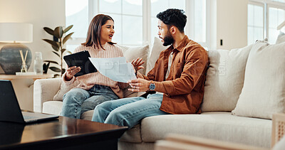 Buy stock photo Finance, couple and document in home for fight, budget argument or savings loss on tablet. Man, woman and paper in living room for loan, stress or conflict for debt crisis or bankruptcy with expenses