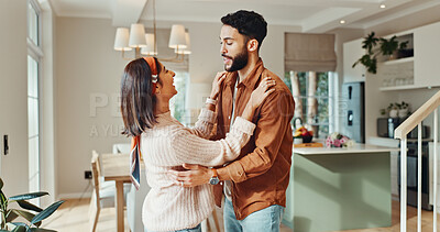Buy stock photo Couple, smile and hug with dance at house for love, bonding together and support for weekend. Happy, people and embrace with affection, partner romance and movement rhythm for relationship commitment