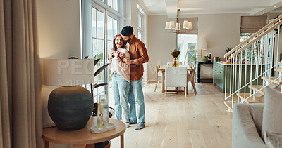 Buy stock photo Happy, couple and relax with hug at house for love, partner security and bonding together of weekend. Smile, people and embrace with loyalty, relationship romance and support for marriage commitment