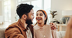 Smile, couple and laugh with selfie at house of photography, social media post and funny joke. Happy, people and embrace for profile picture update, vlog and bonding together  of healthy relationship