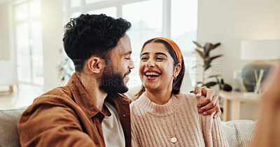 Buy stock photo Smile, couple and laugh with selfie at house of photography, social media post and funny joke. Happy, people and embrace for profile picture update, vlog and bonding together of healthy relationship