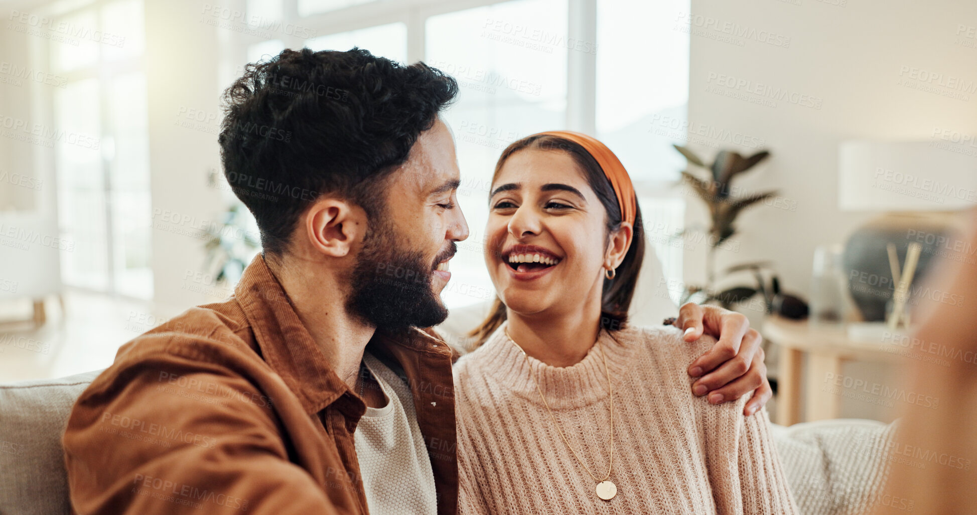 Buy stock photo Smile, couple and laugh with selfie at house of photography, social media post and funny joke. Happy, people and embrace for profile picture update, vlog and bonding together of healthy relationship