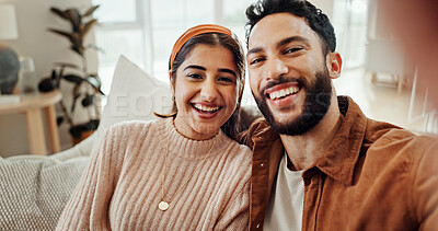 Buy stock photo Portrait, couple and smile with selfie at house for photography, social media post and relationship memory. Happy, people and profile picture update, vlog and bonding together with healthy commitment