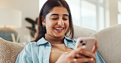 Buy stock photo Laugh, smartphone and woman relax in home for social media meme, gif and comedy video on app. Mobile, living room and happy person on website for communication, funny chat and notification online