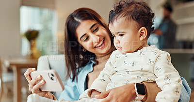 Buy stock photo Mom, baby and phone on couch, happy and relax with video, cartoon and streaming in living room. Woman, mother and daughter with smartphone, learning and subscription on sofa in lounge at family house