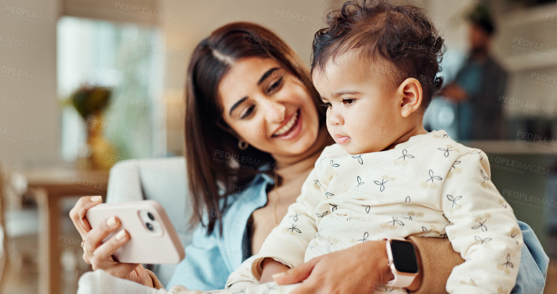 Buy stock photo Mom, baby and phone on couch, happy and relax with video, cartoon and streaming in living room. Woman, mother and daughter with smartphone, learning and subscription on sofa in lounge at family house