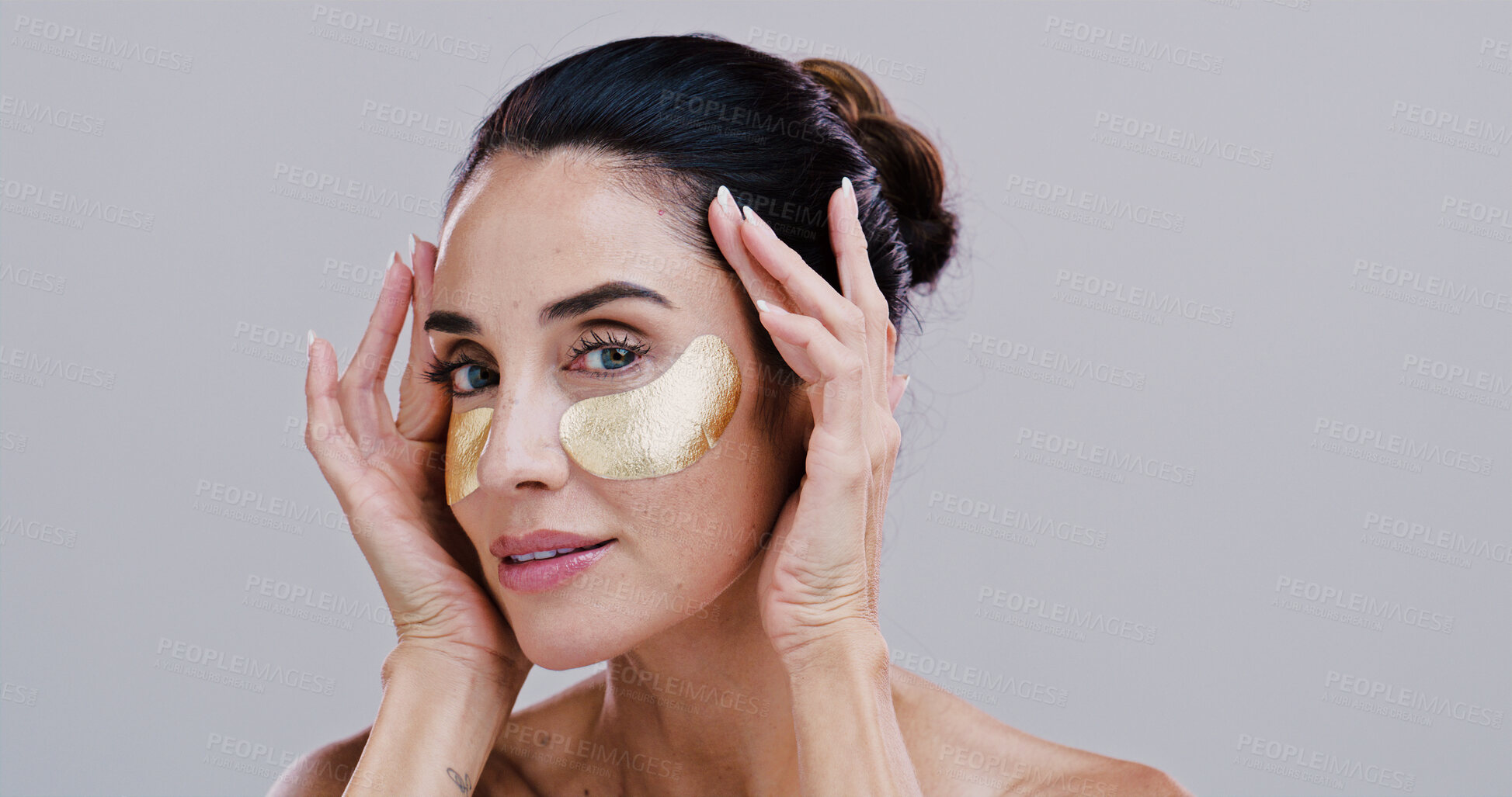 Buy stock photo Beauty, woman and eye patches in studio for wrinkle reduction, skincare treatment and hyaluronic acid. Mockup, mature person and portrait with cosmetics product for dark circles on white background