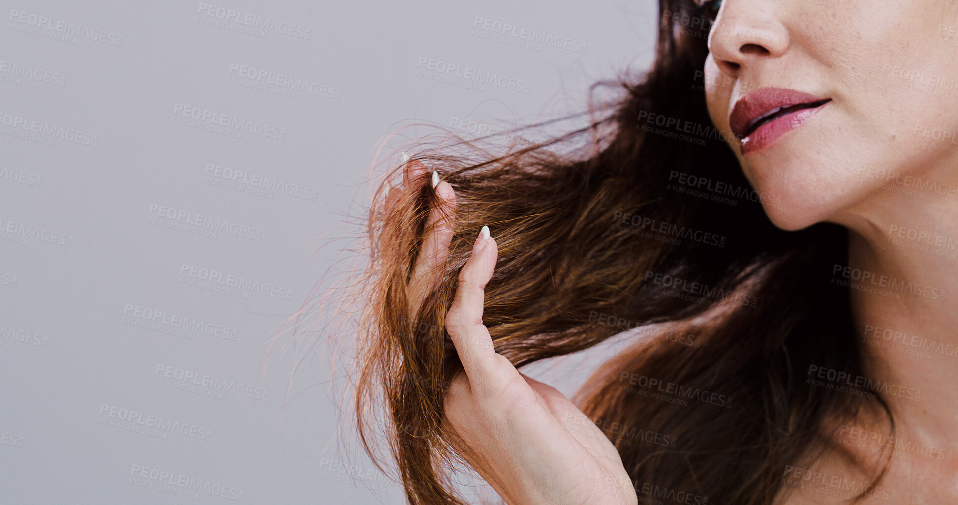 Buy stock photo Hand, split ends and woman with hair care, crisis and growth inspection on gray studio background. Person, closeup and model with shampoo problem, messy and damaged with mockup space and bad results