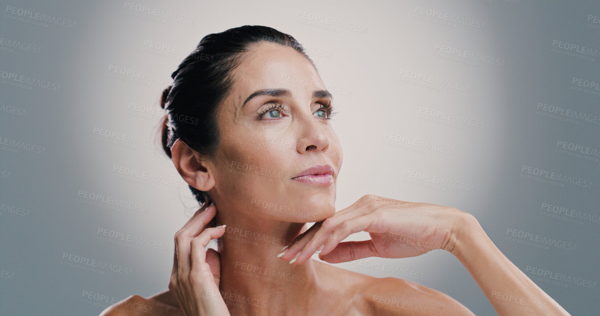 Buy stock photo Skincare, thinking and woman with beauty, glow and idea for anti aging treatment. Mature model, natural cosmetics and facial dermatology for self care, wellness and health on gray studio background