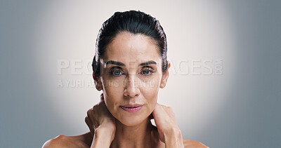 Buy stock photo Beauty, dermatology and portrait of woman in studio for antiaging treatment or wellness routine. Aesthetic, cosmetics and skincare with mature model on gray background for facial transformation