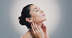 Skincare, shine and woman with beauty, glow and anti aging treatment on gray studio background space. Mature model, natural cosmetics or dermatology for self care, wellness and eyes closed for health
