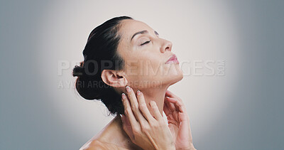 Buy stock photo Skincare, shine and woman with beauty, glow and anti aging treatment on gray studio background space. Mature model, natural cosmetics or dermatology for self care, wellness and eyes closed for health