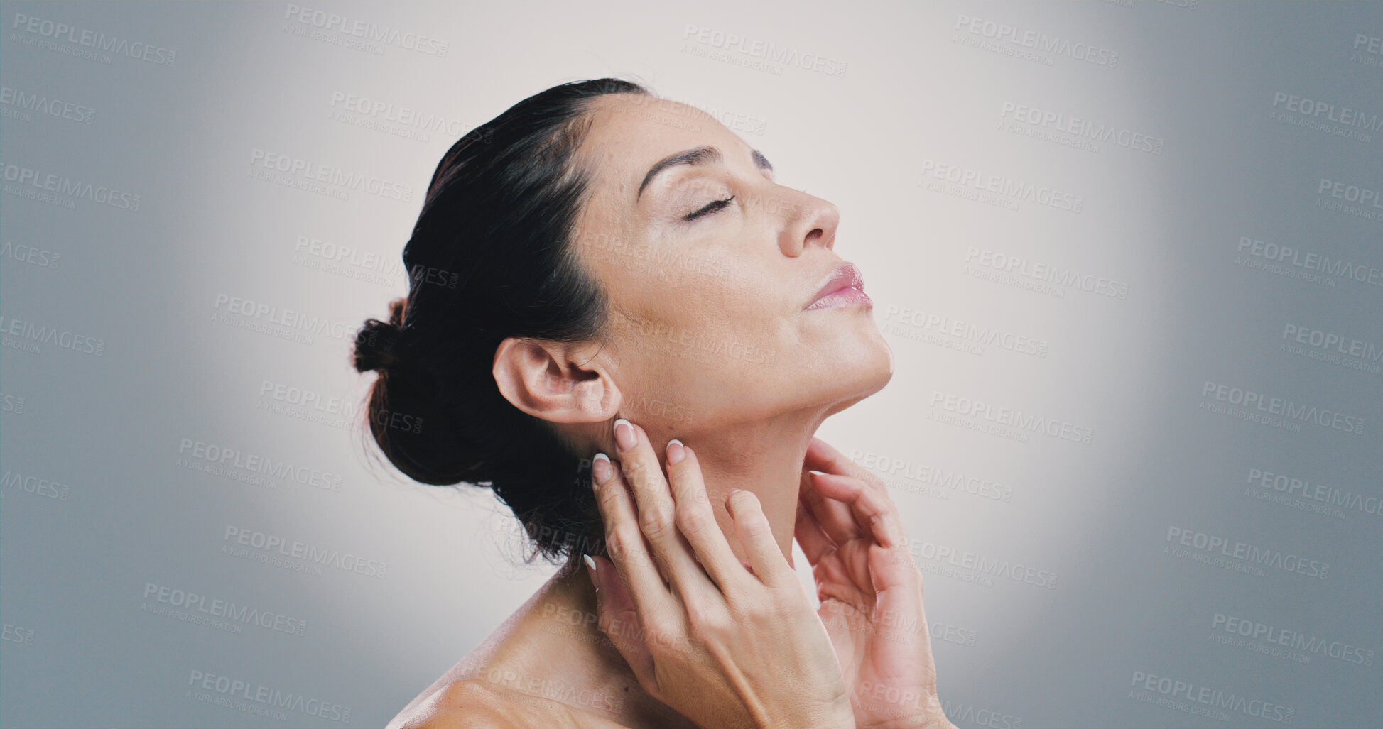 Buy stock photo Skincare, shine and woman with beauty, glow and anti aging treatment on gray studio background space. Mature model, natural cosmetics or dermatology for self care, wellness and eyes closed for health