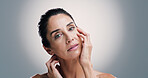 Beauty, cosmetics and portrait of woman on studio space for antiaging treatment or wellness routine. Aesthetic, dermatology and skincare with mature person on gray background for transformation