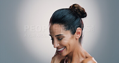 Buy stock photo Skincare, smile and woman with beauty, glow and anti aging treatment on gray studio background space. Mature model, natural cosmetics or dermatology for self care, wellness or skin texture with shine