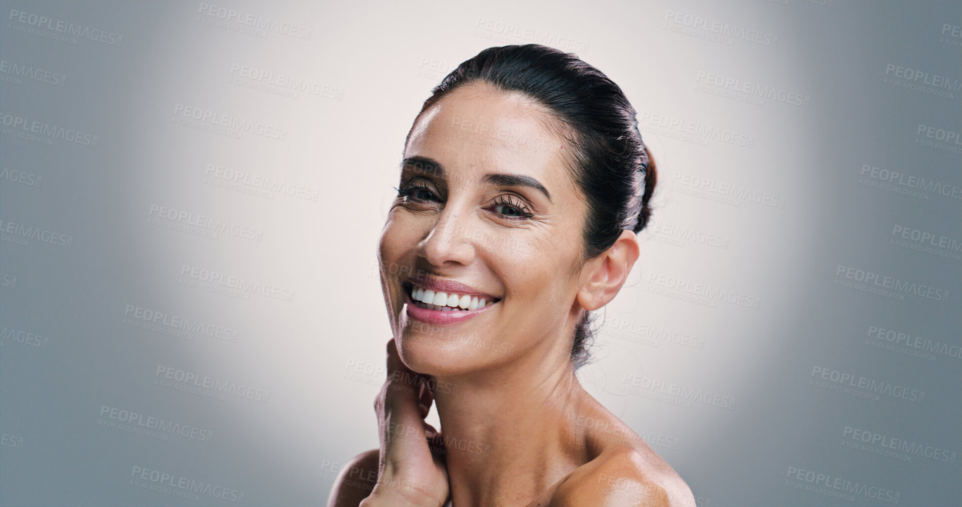 Buy stock photo Portrait, smile and skincare with woman in studio for antiaging treatment or wellness routine. Aesthetic, beauty and cosmetics with happy mature model on gray background for facial transformation