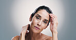 Aesthetic, beauty and portrait of woman in studio for antiaging treatment or wellness routine. Collagen, dermatology and skincare with mature model on gray background for facial transformation