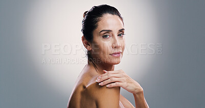 Buy stock photo Skincare, portrait and mature woman with glow, studio and treatment for shine of skin, antiaging and cosmetics. Gray background, mockup space and proud of beauty with dermatology, person and wellness