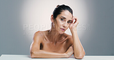 Buy stock photo Portrait, woman and skincare pride in studio with anti aging, treatment and dermatology shine. Mature person, beauty and facial transformation, natural glow and cosmetic benefits on white background