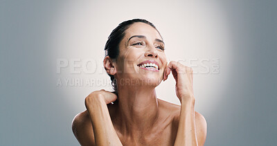 Buy stock photo Thinking, woman and smile for skincare in studio of antiaging, treatment and dermatology idea. Mature person, planning or facial transformation, natural glow and cosmetic benefits in white background