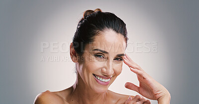 Buy stock photo Skincare, portrait and happy woman with beauty, dermatology and facial treatment for anti aging. Mature model, face and natural cosmetics for glow, aesthetic and health on gray studio background