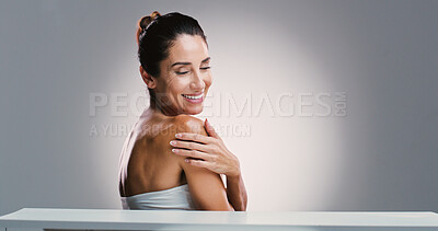 Buy stock photo Happy, woman and shoulder skincare in studio for anti-aging, treatment and dermatology benefits. Mature person, beauty and shine of body transformation, natural glow and cosmetics on white background