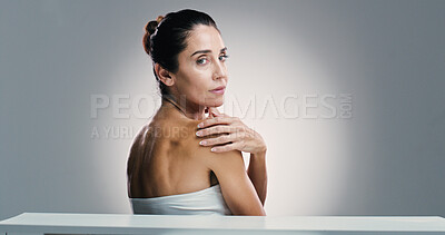 Buy stock photo Portrait, woman and skincare beauty in studio with anti aging, treatment and dermatology shine. Mature person, shoulder and body transformation, natural glow and cosmetic benefits on white background