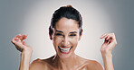 Natural skincare, portrait and happy woman with dermatology, beauty and anti aging treatment. Mature model, confident face and cosmetics, aesthetic or skin texture for glow on gray studio background
