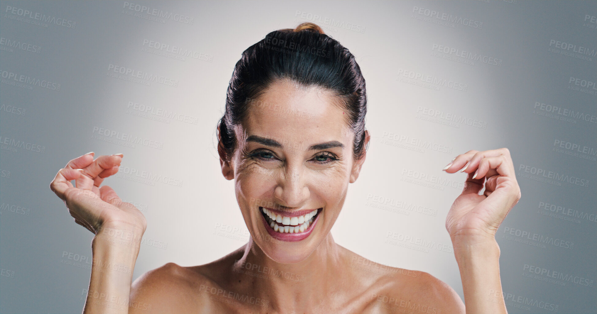 Buy stock photo Natural skincare, portrait and happy woman with dermatology, beauty and anti aging treatment. Mature model, confident face and cosmetics, aesthetic or skin texture for glow on gray studio background