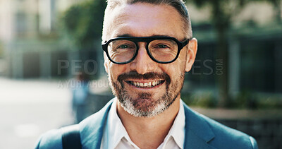 Buy stock photo Banker, portrait or businessman in city with smile, corporate career or finance experience. Confident, financial advisor or mature investment broker in street for commute or opportunity in England
