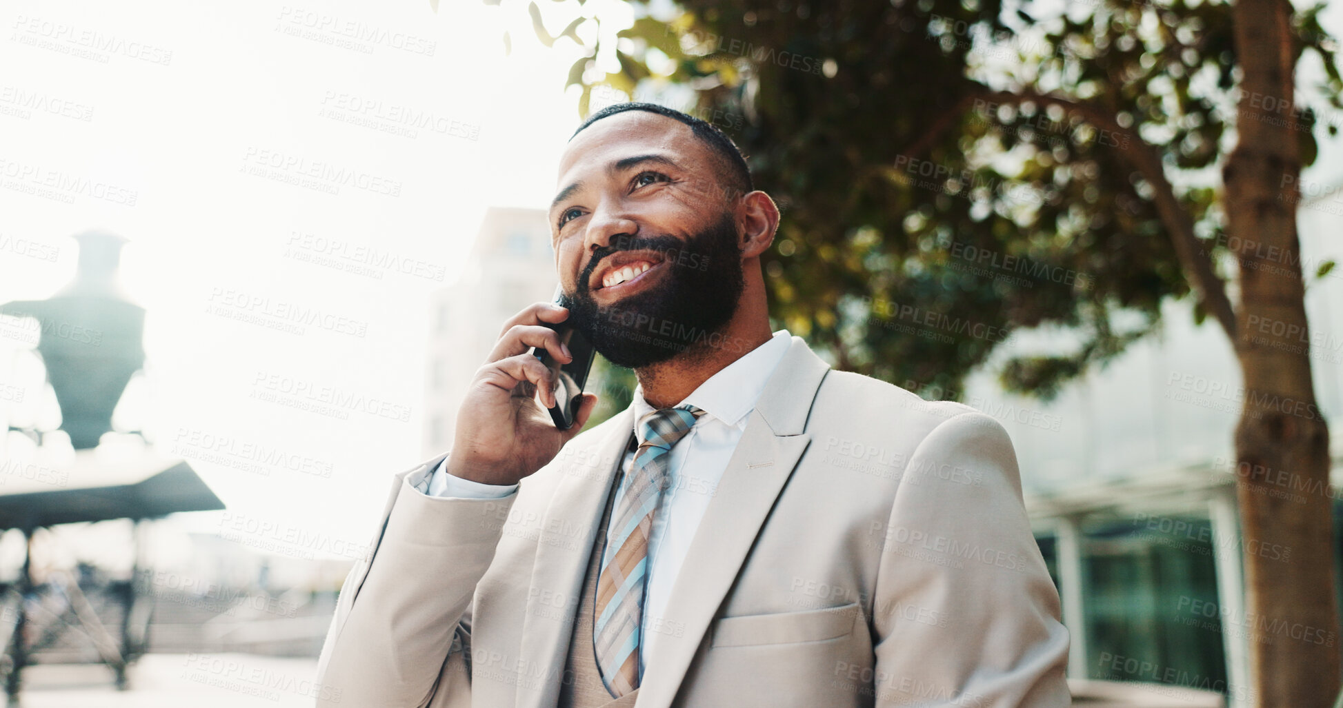 Buy stock photo Happy, phone call and businessman in city talking for communication, b2b networking and discussion. Professional, corporate and person on smartphone for friendly chat, conversation and commute