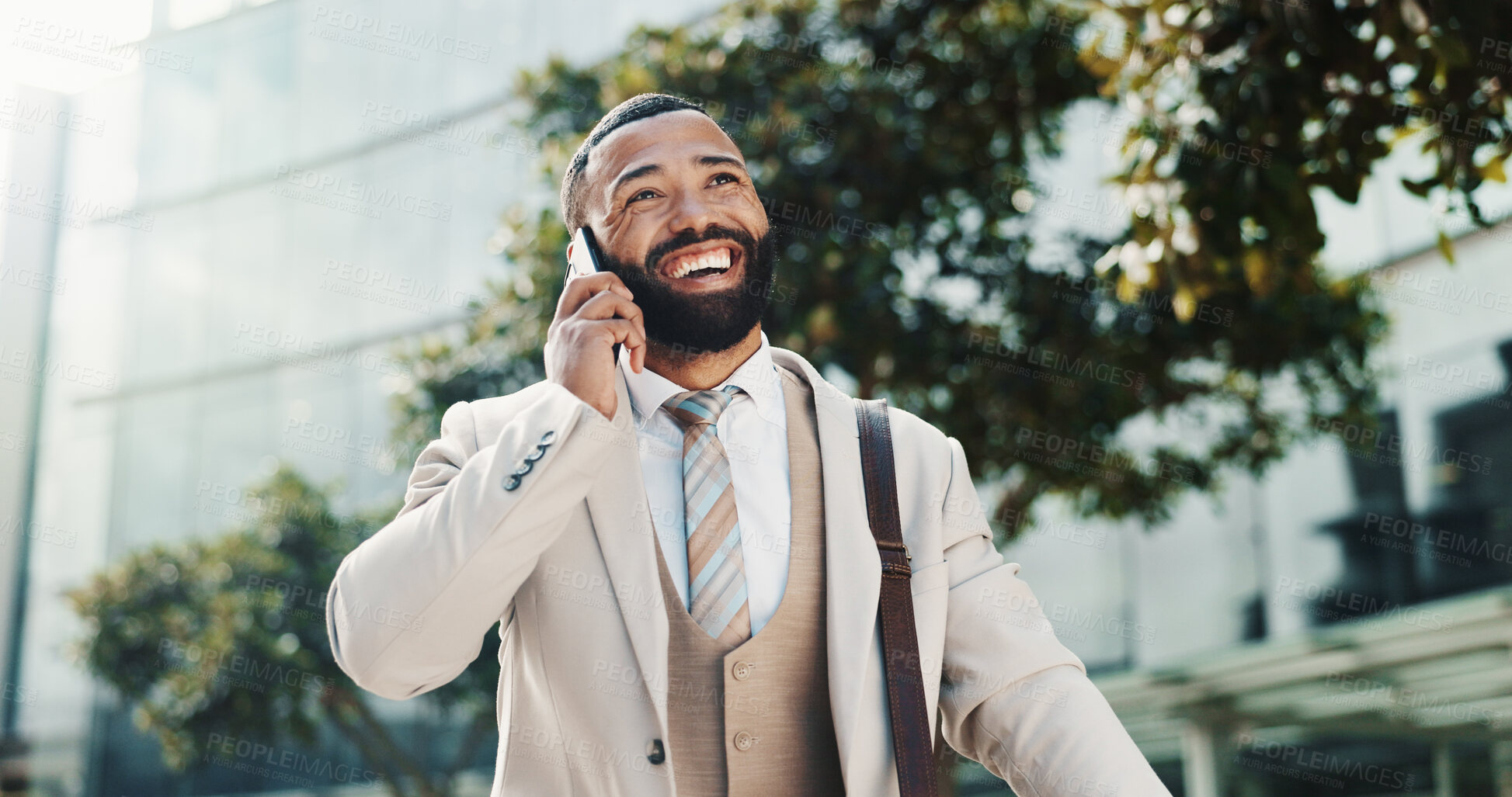 Buy stock photo City, phone call and business man laughing for funny conversation, joke and talking on commute. Professional, corporate and happy person on smartphone for communication, networking and chat in town