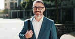 Happy, banker or businessman in city with portrait, corporate career or finance experience. Confident, financial advisor or mature investment broker in street for commute or opportunity in England