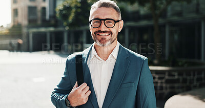 Buy stock photo Happy, banker or businessman in city with portrait, corporate career or finance experience. Confident, financial advisor or mature investment broker in street for commute or opportunity in England