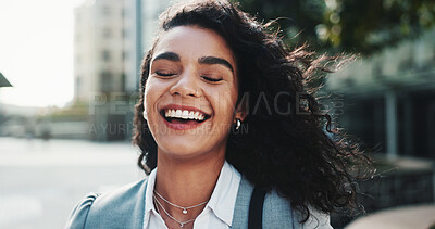Buy stock photo Happy, laughing or businesswoman in city with confidence, finance career or funny humor. Joke, financial advisor or face of investment broker with smile in street for commute or opportunity in Miami