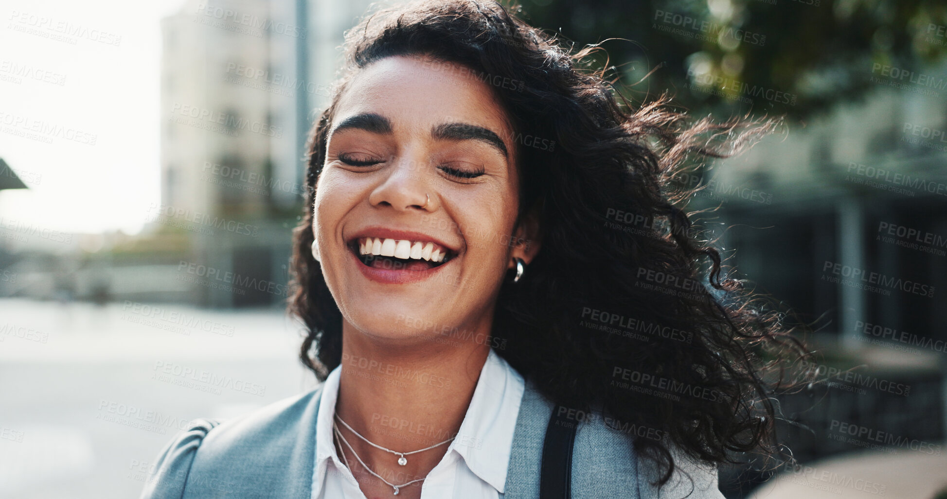 Buy stock photo Happy, laughing or businesswoman in city with confidence, finance career or funny humor. Joke, financial advisor or face of investment broker with smile in street for commute or opportunity in Miami