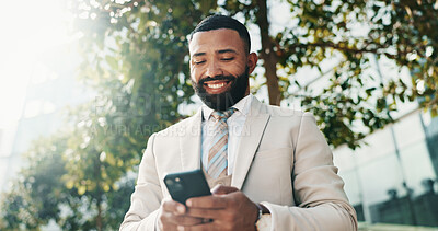 Buy stock photo Business man, phone and outdoor in city for travel with communication, internet or connection. Happy, corporate or worker online for social media networking, mobile app or contact for deal approval