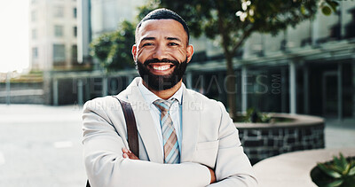 Buy stock photo Smile, portrait or businessman in city with arms crossed, corporate career or finance experience. Confident, financial advisor or investment broker in street for commute or opportunity in Portugal
