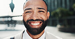 Banker, portrait or businessman in street with smile, corporate career or finance experience. Confident, financial advisor and happy investment broker in city for commute or opportunity in London
