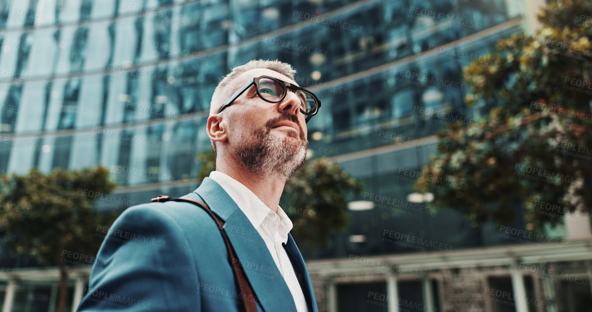 Buy stock photo Travel, employee and mature man in morning, thinking and commuting to work in city and business person. Corporate, lawyer and journey to court for case, outdoor and thoughtful for career growth