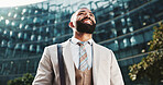 Travel, employee and man in city, thinking and commuting to work in morning, business person or outdoor. Corporate, lawyer and journey to court for case, contemplating or thoughtful for career growth